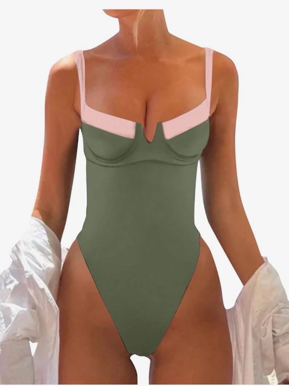 Olive Green One-Piece Swimsuit with Pale Pink Trim (NWOT)